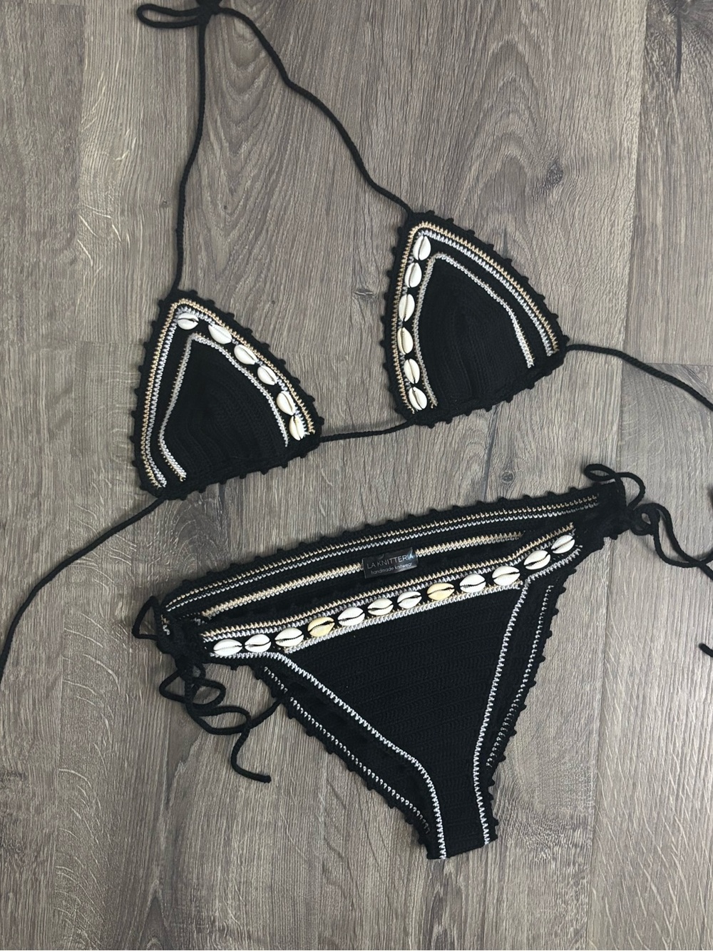 NWT LA KNITTERIA Handmade Black Crochet Bikini Set – Cowrie Shell Detail S/M